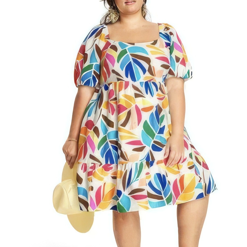Tabitha Brown x Target Linen Blend Dress Womens 3X Palm Puff Sleeve Tiered